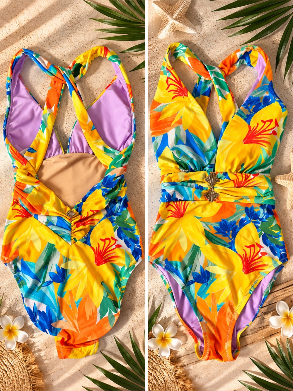 Tropical Floral Halter One-Piece Swimsuit - Yellow